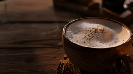 Sticker - Macro shot of a frothy cappuccino in a rustic mug, casual dining setting, no humans, warm morning light 