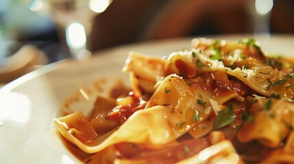 Canvas Print - Casual dining restaurant, close-up of handmade pasta dish, rustic feel, no people, soft background focus 