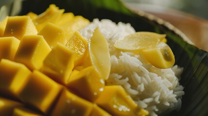 Poster - Macro shot of Thai mango sticky rice, bright mango slices, no humans, intricate presentation, soft background focus 