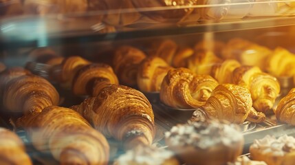 Sticker - Macro detail of a cafe pastry display, assorted croissants and pastries, no humans, glass case, soft ambient lighting 