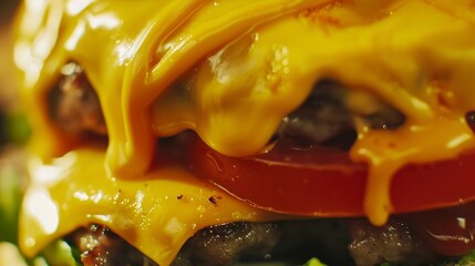 Canvas Print - Close-up of a fast food cheeseburger, juicy patty, melting cheese, no humans, vibrant condiments, soft bun texture