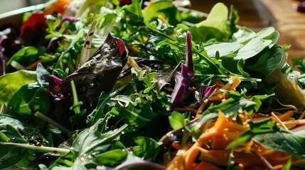 Canvas Print - Detailed close-up of a freshly tossed salad bowl, various greens and veggies, no humans, vibrant family meal 