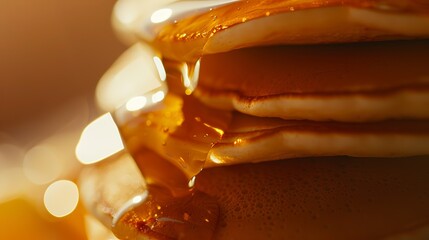 Wall Mural - Macro detail of a stack of pancakes, syrup dripping, no humans, family breakfast setting, warm morning light 