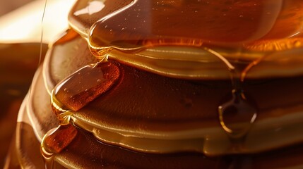 Sticker - Macro detail of a stack of pancakes, syrup dripping, no humans, family breakfast setting, warm morning light 