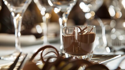 Wall Mural - Macro view of a business meal dessert, chocolate mousse, no humans, indulgent finish, elegant glassware 