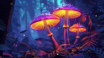 Wall Mural - Mushroom plants. Glowing mushrooms on bark with fireflies in forest. Colorful fantasy magic mushrooms. an illustration of bioluminescent mushrooms. Fantasy forest landscape with magic mushrooms. 4K