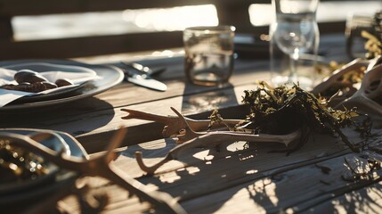 Poster - Close-up of a seaweed-based table with kelp salad, biodegradable plates, and driftwood decor, gentle seaside sunlight. 