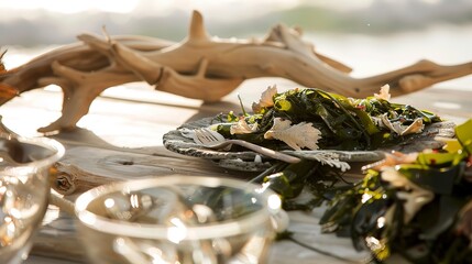 Sticker - Close-up of a seaweed-based table with kelp salad, biodegradable plates, and driftwood decor, gentle seaside sunlight. 