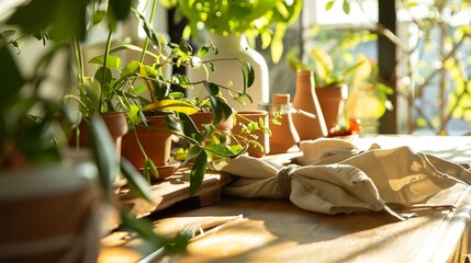 Wall Mural - Close-up of a plant-filled dining table with a vegan charcuterie board, cloth napkins, and terracotta dishware, dappled sunlight. 