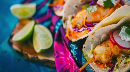 Wall Mural - Close-up of a seaside shack table with fish tacos, lime wedges, and a colorful cloth napkin, vibrant natural light. 