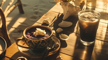 Wall Mural - Close-up of a coastal cafÃ© table with an acai bowl, iced coffee, and seashell decor, sunlit ambiance.