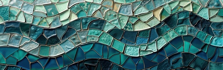 Turquoise Blue Mosaic Wall Texture with Waving Waves Shapes - Abstract Background