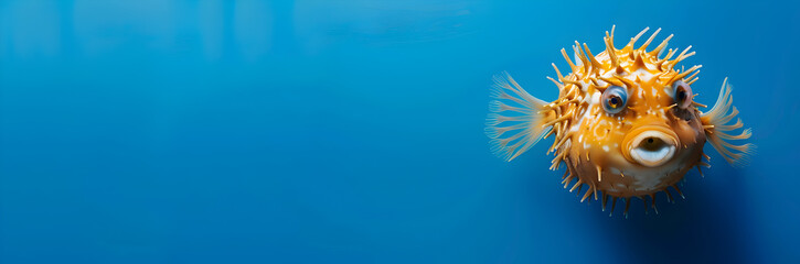 Wall Mural - Blowfish web banner. Blowfish isolated on blue background with copy space.