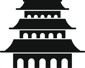 Wall Mural - Black silhouette of a three story asian temple building with large eaves