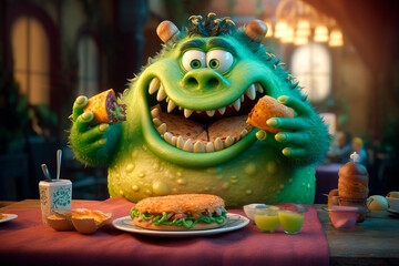 Wall Mural - Happy Hour in burger restaurant. Delighted visitor with hamburger set. Funny cartoon monster enjoying food. Illustration for advertising, menu, promotions, discounts.