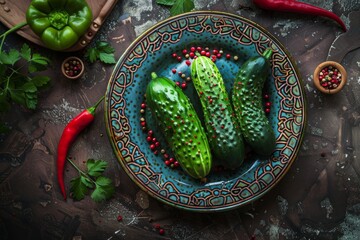 Wall Mural - There is a plate with cucumbers and peppers placed on a table