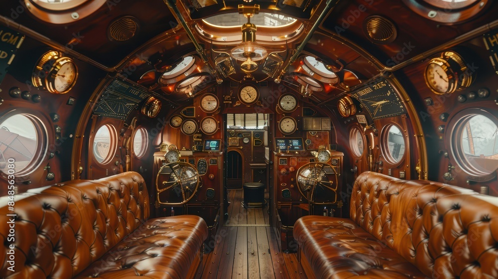 Vintage steampunk-themed interior of a submarine with intricate brass ...