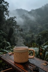 Wall Mural - Tranquil coffee mug on wooden table with steaming drink, green landscape background