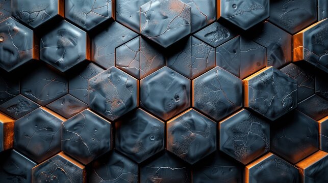 Abstract metallic hexagonal pattern with blue and orange tones.  A futuristic and modern design.  Suitable for tech, industrial, or architecture themes.
