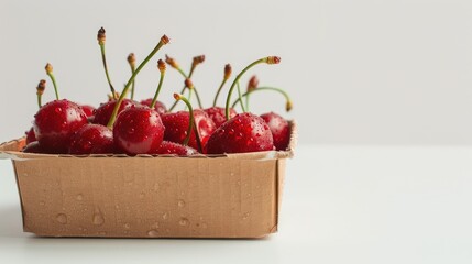 Wall Mural - Cherries with dew drops in a paper box on a white background