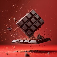 Wall Mural - chocolate bar flying, red background, photography 