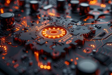 Wall Mural - Configure Technology Concept with cog symbol on a Microchip. Data flows from the CPU across a Futuristic Motherboard. 3D render