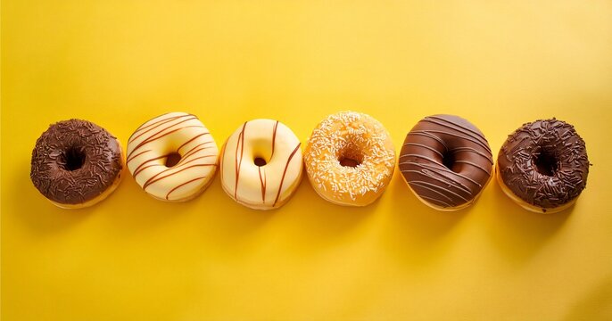 Row of delicious donuts covered with chocolate and white icing lying on yellow background