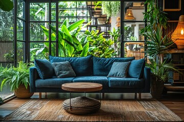 Wall Mural - Interior of living room with green house plants and sofas