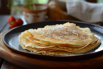 Wall Mural - Stack of thin round pancakes on wooden table.