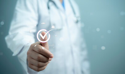 Wall Mural - a medical worker touch virtual screen of certification of standard quality control, guarantee of war