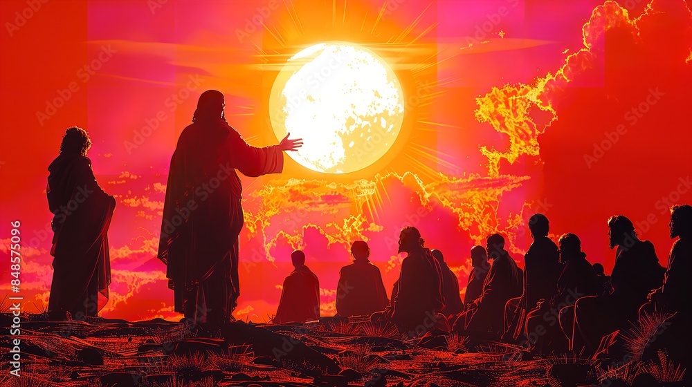 An image depicting Jesus teaching a group of people standing in silhouette against a vibrant sunset