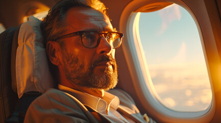 Poster - A man wearing glasses is sitting in an airplane window, people in business class