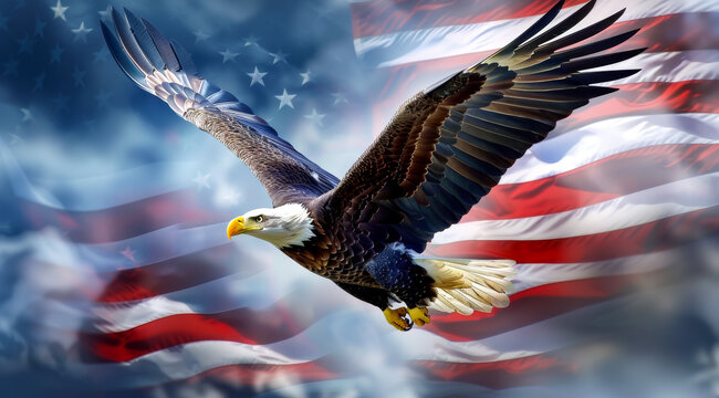 A bald eagle is flying over the American flag, US Independence Day 4th of July concept