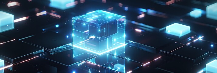 Poster - High-detail 8K 3D rendering of glowing cubes and lines on a dark blue background representing technology and data science. Central large cube surrounded by smaller ones with blue frosted glass and whi