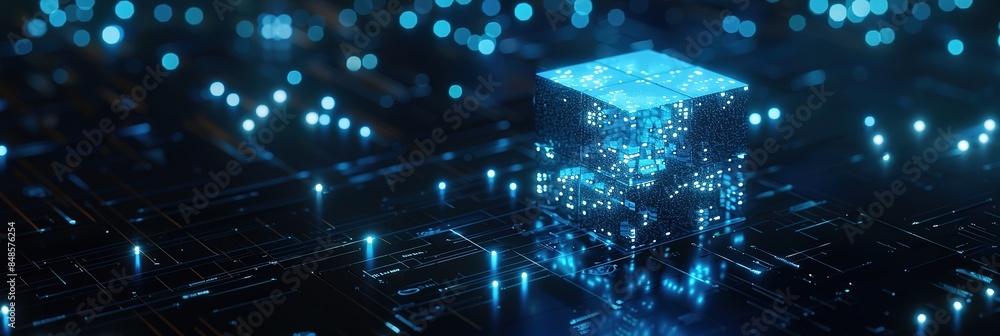 High-detail 8K 3D rendering of glowing cubes and lines on a dark blue ...