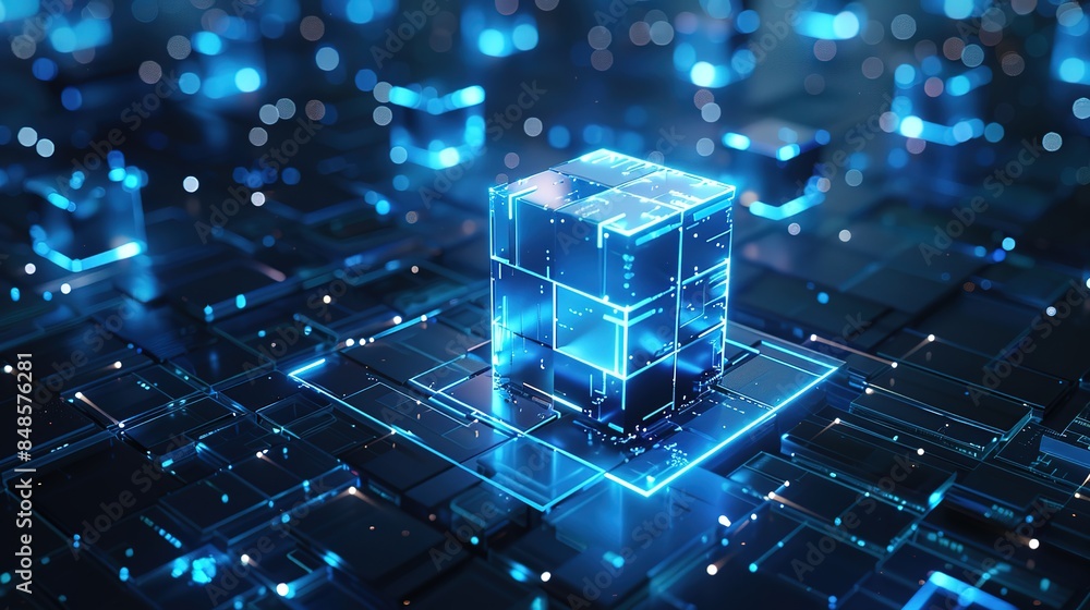 High-detail 8K 3D rendering of glowing cubes and lines on a dark blue ...