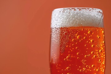 Wall Mural - A pint of beer with a frothy head on an orange gradient background, emphasizing its rich amber color