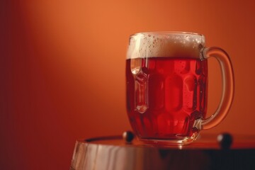 Wall Mural - A mug of amber beer on an orange gradient background, highlighting the rich color and frothy head