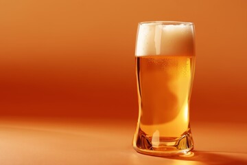 Wall Mural - A pint of light beer on an orange background, highlighting its clarity and bubbles