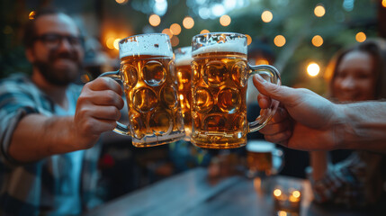 Wall Mural - Group of friends toasting with beer mugs at an outdoor party during the evening, celebrating and enjoying the moment.