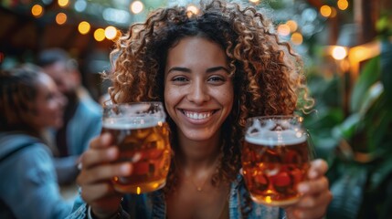 Wall Mural - Smiling woman holding two beer glasses at a vibrant outdoor event, surrounded by friends and warm lighting