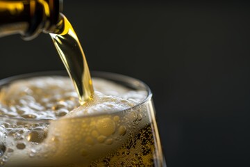 Wall Mural - Beer pouring into a glass against a dark background, close-up