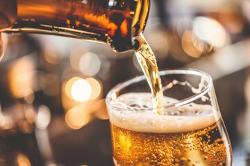 Sticker - Close-up shot of pouring beer from a bottle into a glass, showcasing the golden liquid and foamy bubbles. Warm and inviting atmosphere