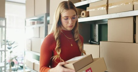 Sticker - Woman, inspection and shelf for shipping at startup with check, inventory and boxes for stock in warehouse. Person, employee and reading label with code for storage, supply chain and distribution