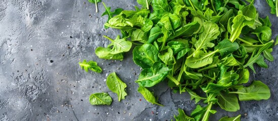 Wall Mural - Green vegan salad on a grey stone table made from a mix of green leaves and vegetables.