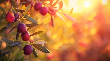 Wall Mural - Close-up of olives hanging on branches with leaves, bathed in warm sunlight.