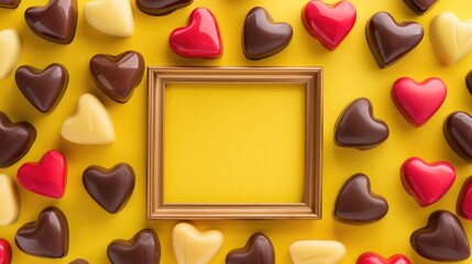 Wall Mural - Colorful chocolates heart shape and gold frame on Valentines Day background with top view and space for text