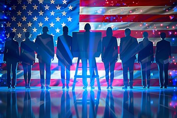 A group of men stand in silhouette in front of an American flag, their forms backlit by a blue and red glow symbolizing a USA Presidential election. 