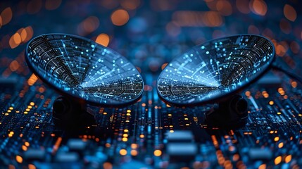 Close-up photo of two satellite connected on a circuit board, with blurred lights and objects in the background