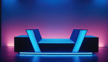 Poster - Round blue ceramic podium with neon backlighting on abstract blue background with magic lights. Perfect platform for showing your products. Three dimensional illustration